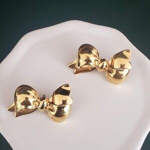 Vintage Monet Gold Tone Pierced Earrings Puffy Bow Signed 1970's Classic